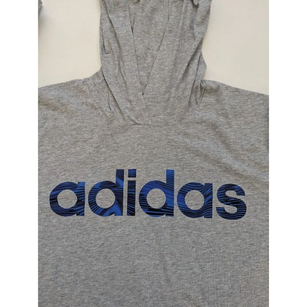 Adidas Linear Hooded Shirt Long Sleeve Youth Size XL 18/20 Grey With Blue Logos